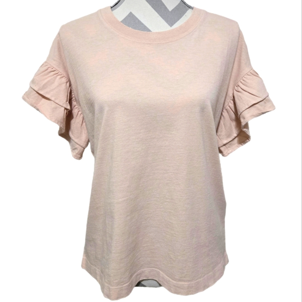 CURRENT/ELLIOTT Tan Ruffle Short Sleeve Shirt Cotton Size 1 (Small)